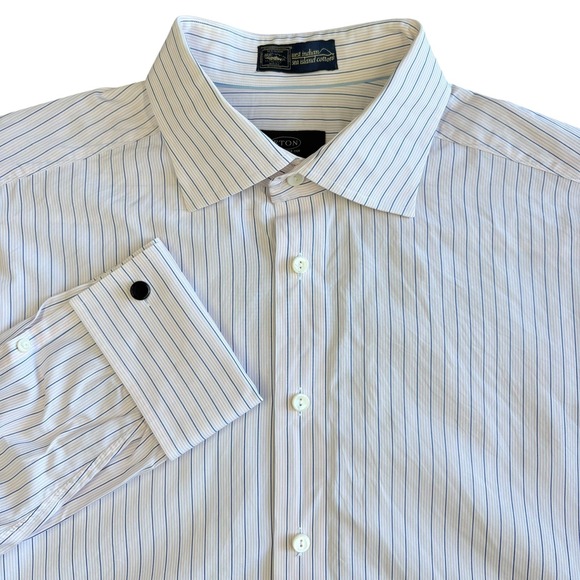 ETON French Cuffs Dress Shirt Mens 17.5 44 Blue Pink Stripe Sea Island Cotton